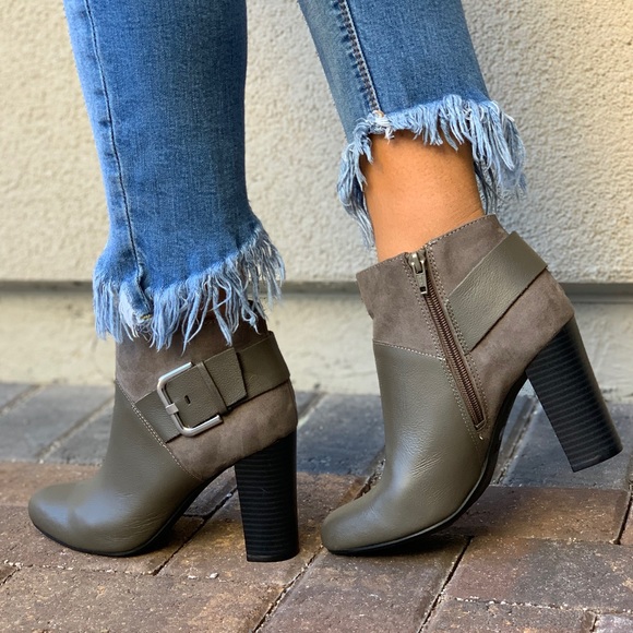 Olive Distressed Leather Chunky Heel Ankle Booties - Picture 8 of 8